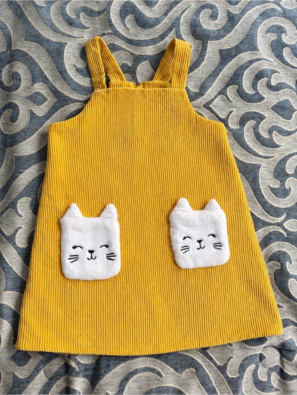 Rare Editions Mustard Yellow Corduroy Pinafore with White Cat Pockets